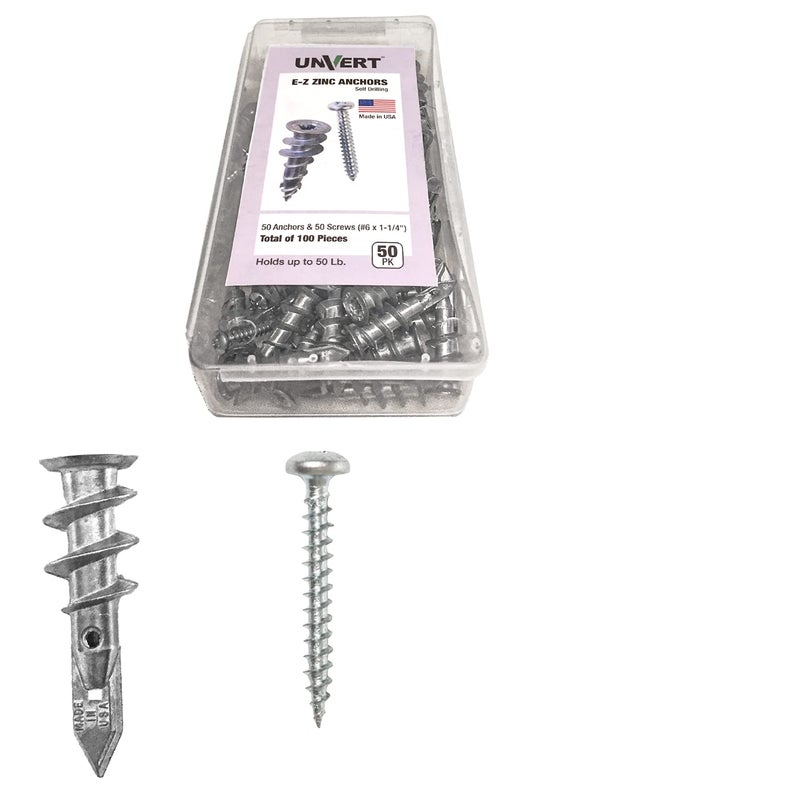 UNVERT E-Z Ancor kit, 50 Zinc Self Drilling Drywall Anchors with 50 Phillip Screws #8 x 1-1/4" #EKZ050 - Image 1